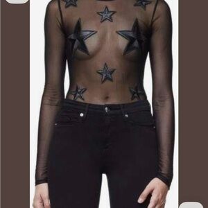 New Great American Black Sheer Embellished Long Sleeve Bodysuit Star Girl Small